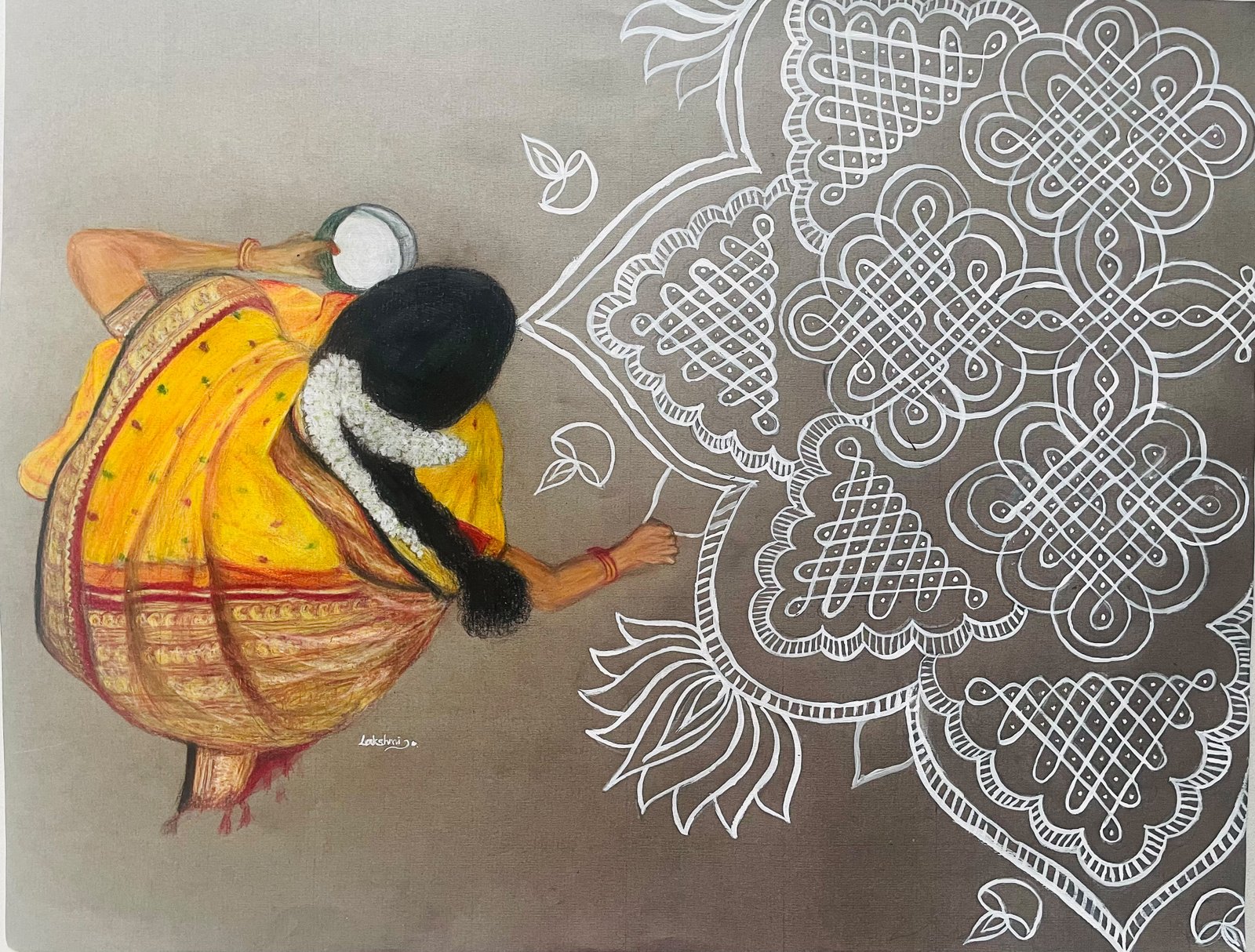 Drawing Kolam — artwork by Lakshmi Sridhar